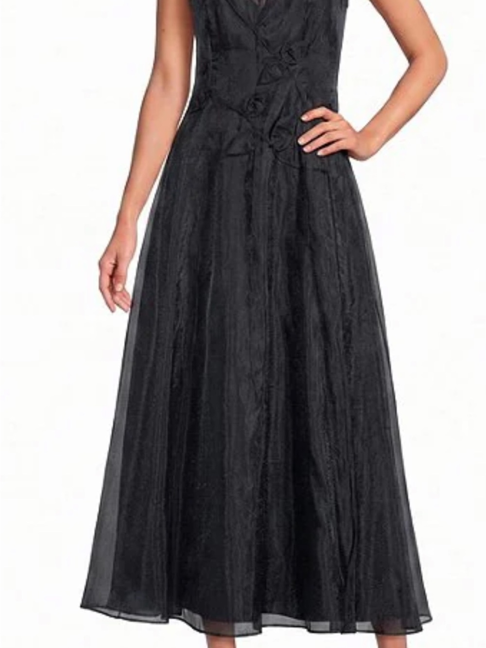 Marchesa Black Sleeveless V-Neck Midi Dress with A-Line Skirt